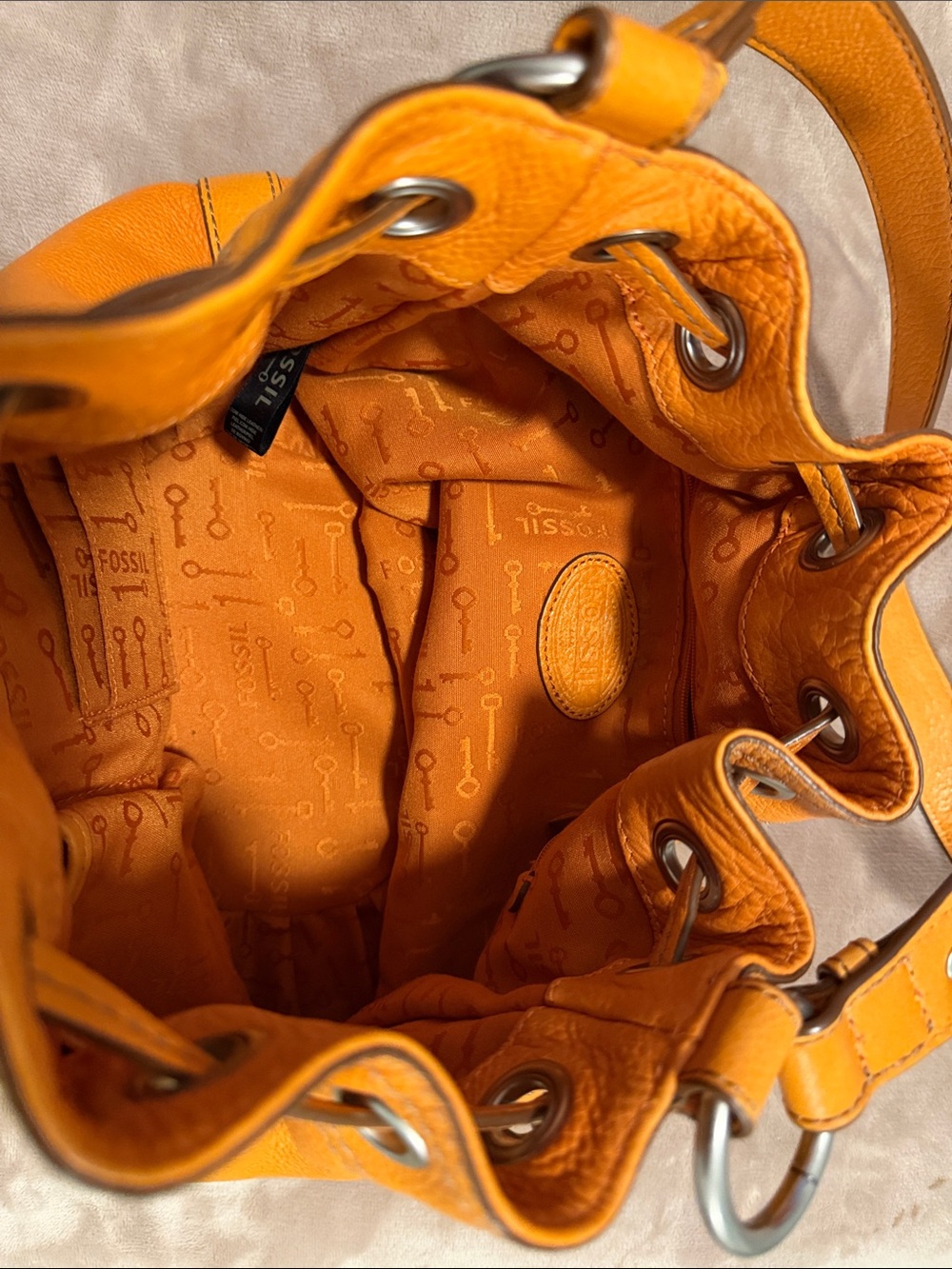 Fossil Orange Pebbled Leather Drawstring Bucket Bag - Picture 2 of 4